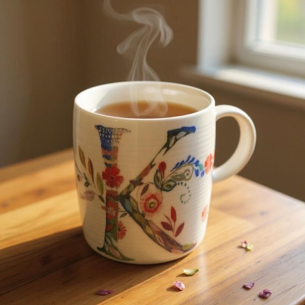 Anthro Starla Halfmann Petal Palette Monogram K Mug Floral Ceramic Coffee Cup